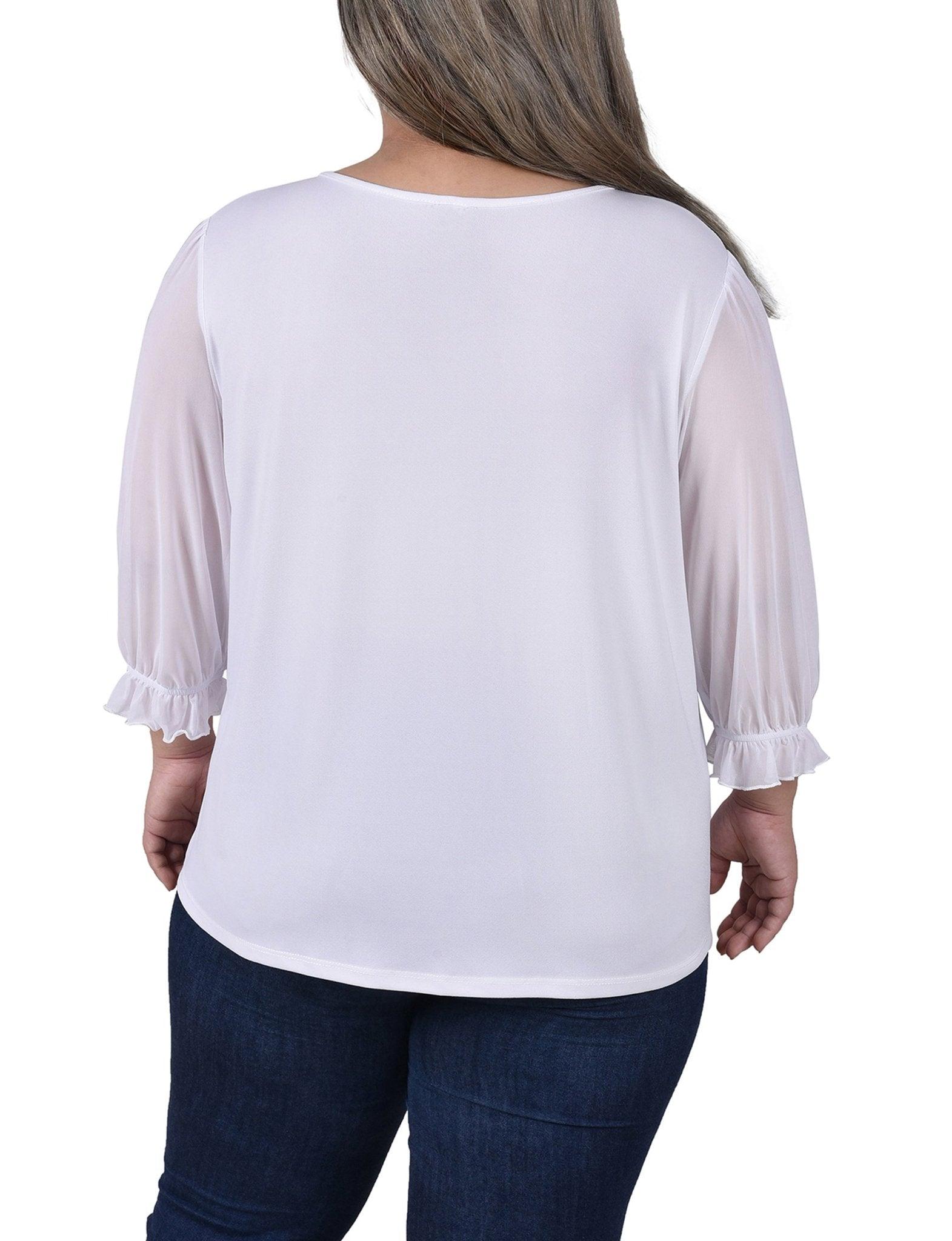 White 3/4 Sleeve Ringed Top With Mesh - Plus Product Image