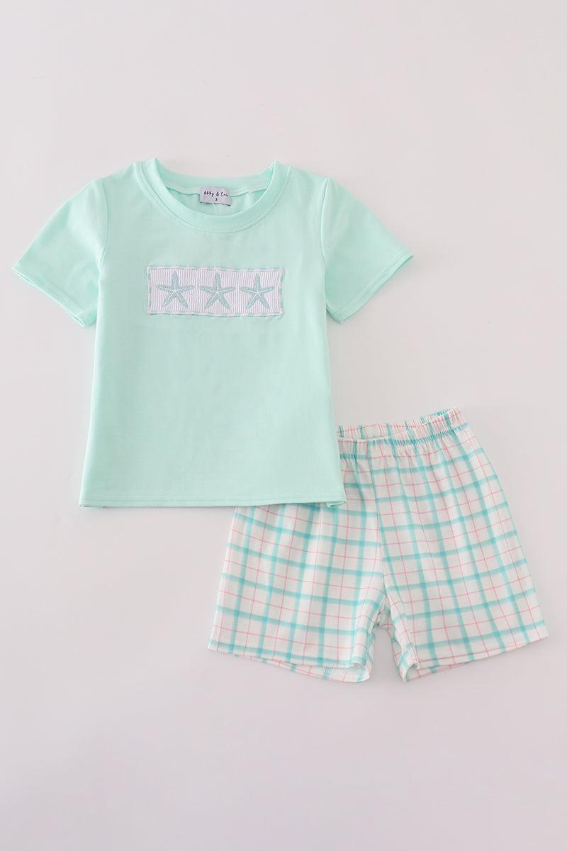 Green marine embroidery smocked shorts set Product Image