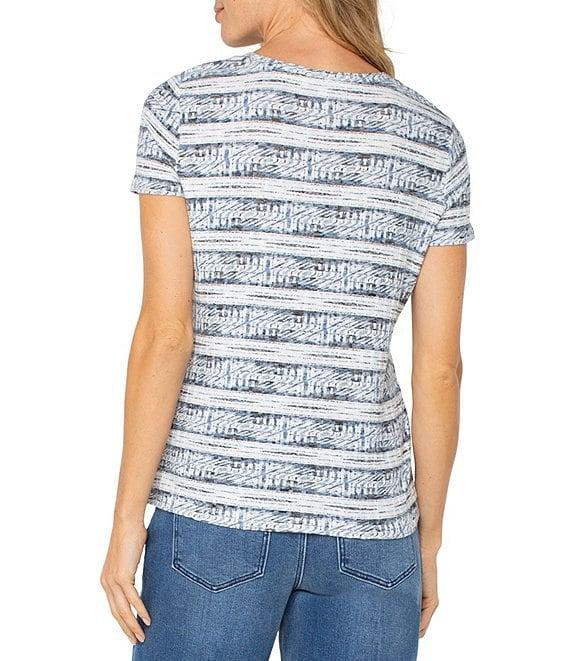 Liverpool Los Angeles Petite Size Knit Miter Indigo Ikats Stripe Scoop Neck Short Sleeve Top Product Image