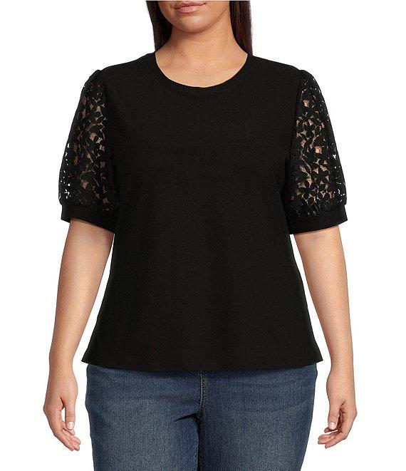 CeCe Plus Size Short Lace Puff Sleeve Crew Neck Blouse Product Image