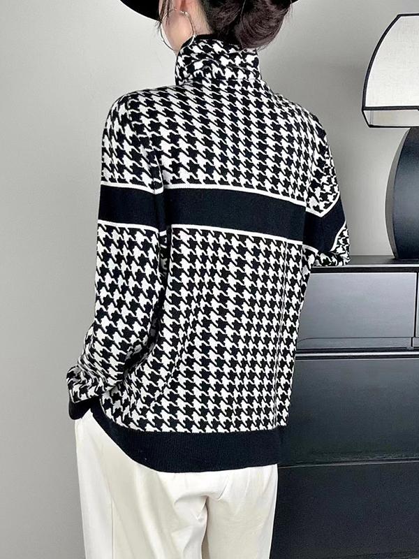 Long Sleeves Loose Contrast Color Houndstooth Split-Joint High Neck Pullovers Sweater Tops Product Image
