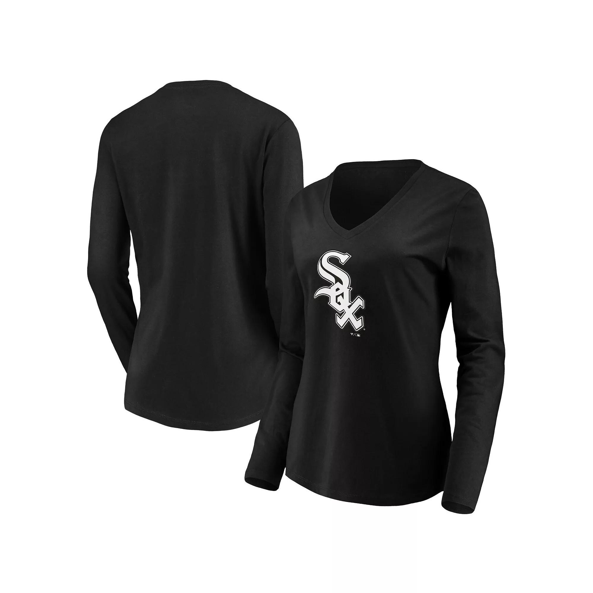 Women's Fanatics Branded Black Chicago White Sox Official Logo Long Sleeve V-Neck T-Shirt,  Product Image