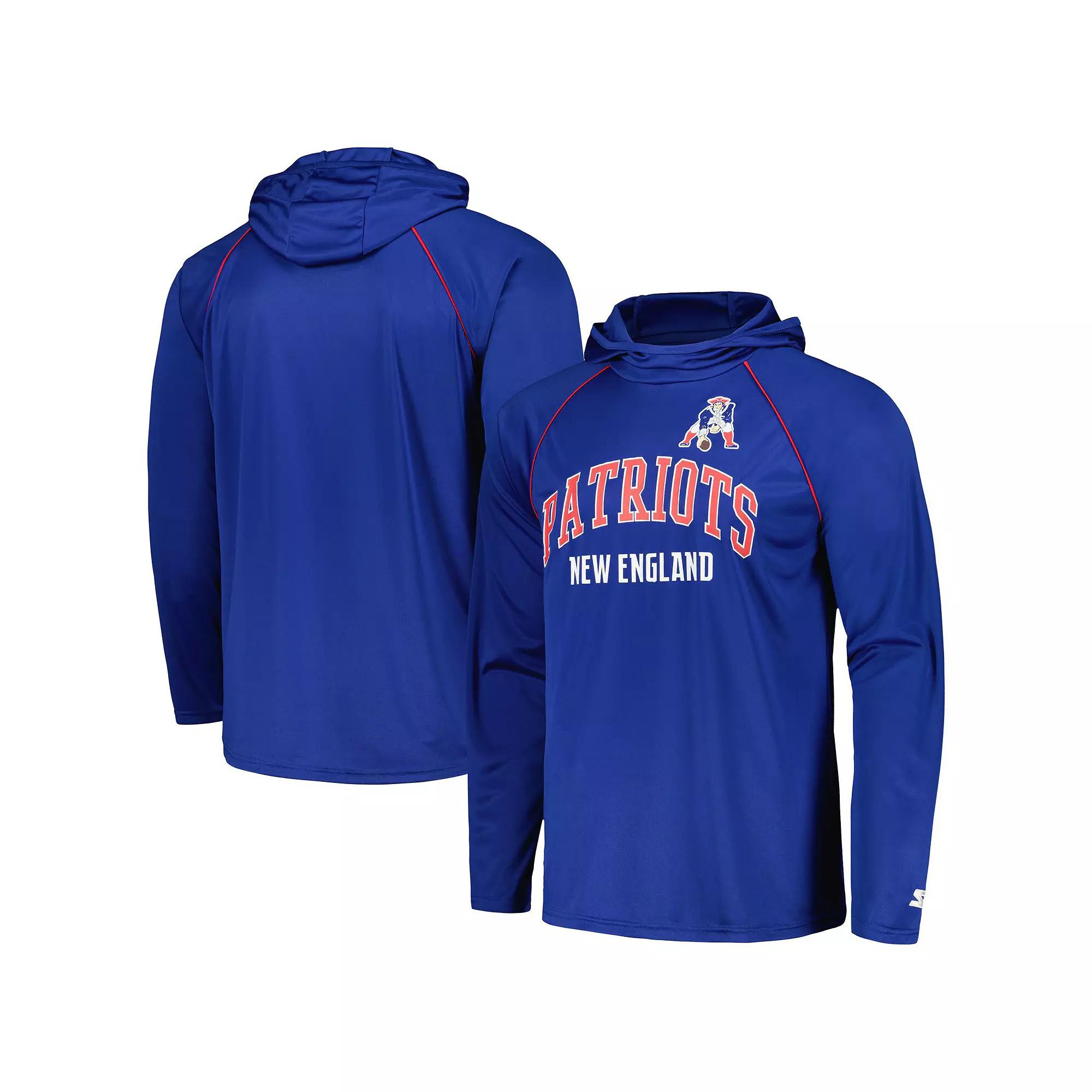 Men's Starter Royal New England Patriots Gridiron Classics Throwback Raglan Long Sleeve Hooded T-Shirt,  Product Image