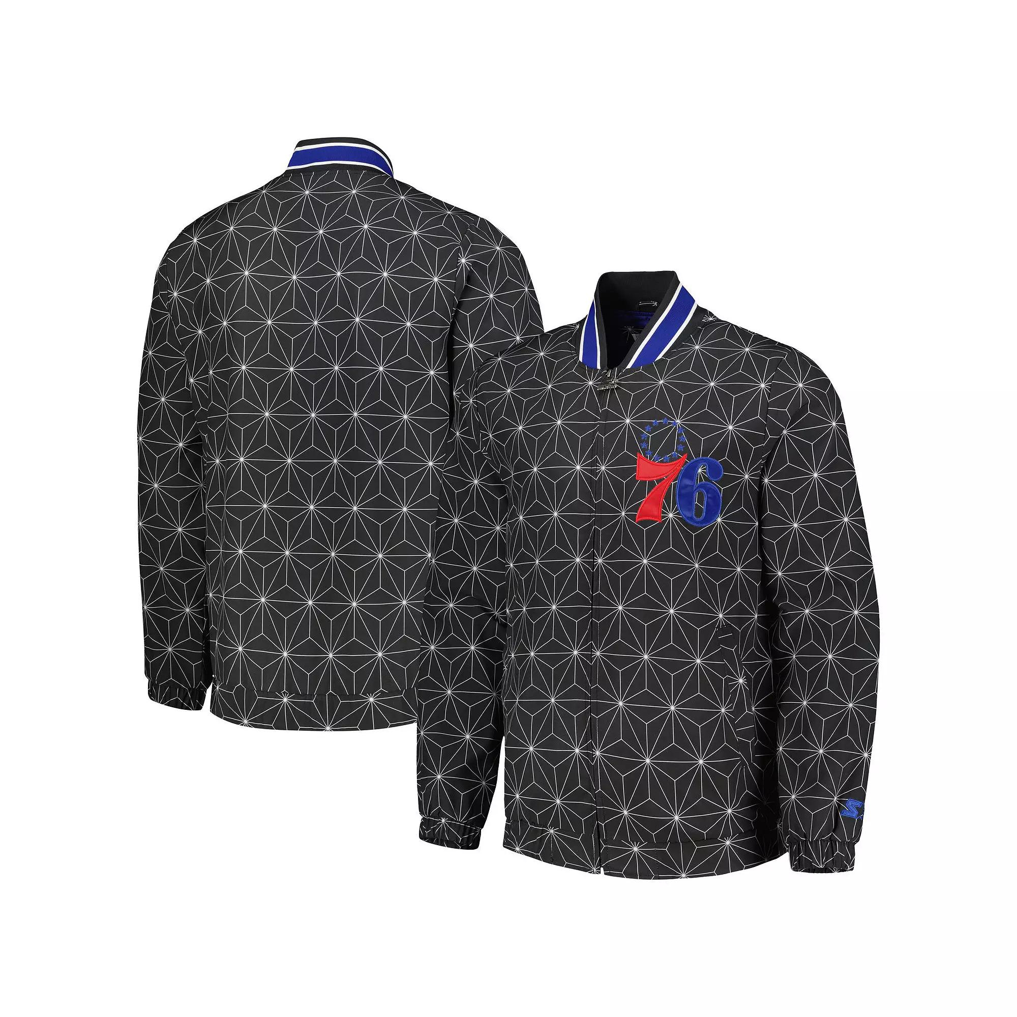 Men's Starter Black Philadelphia 76ers In-Field Play Fashion Satin Full-Zip Varsity Jacket,  Product Image