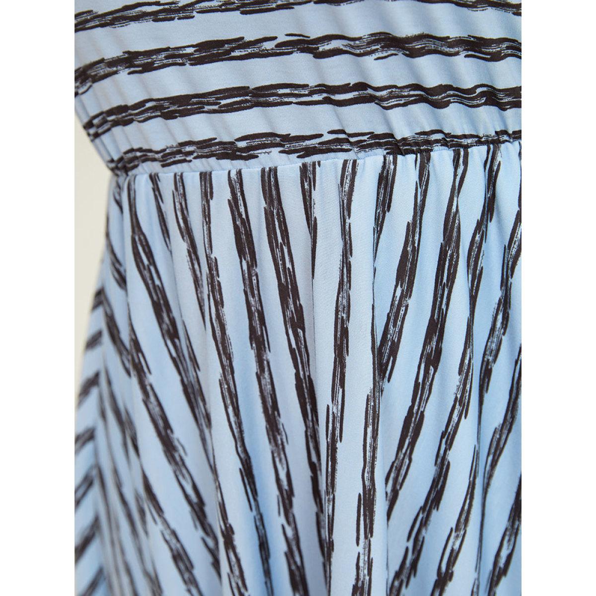 Plus Size Striped Print Hanky Hem Pocket V Neck Tank Dress Stone Women Elegant Gathered V-neck Sleeveless Curvy Midi Dress BloomChic 22-24/3X Product Image