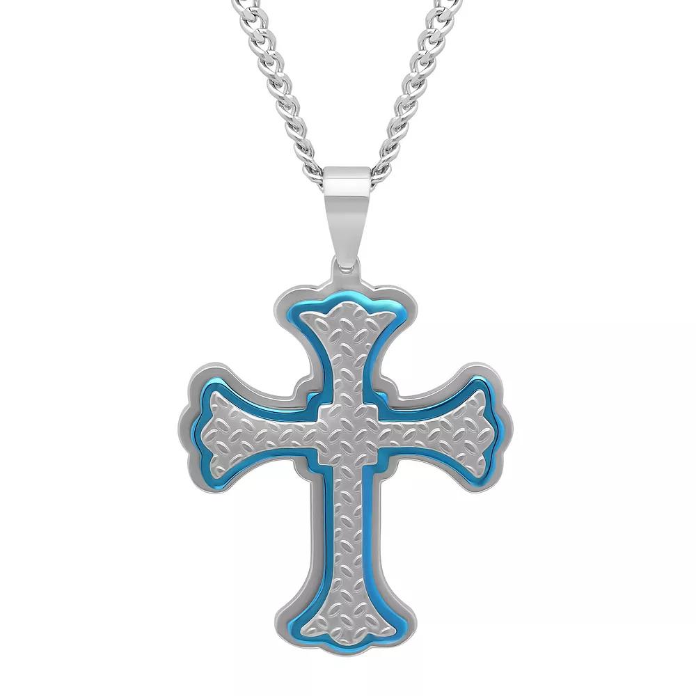 Men's Jewelry Nation Stainless Steel Trim Texture Cross Pendant Necklace, Size: 24", Blue Two Tone Product Image