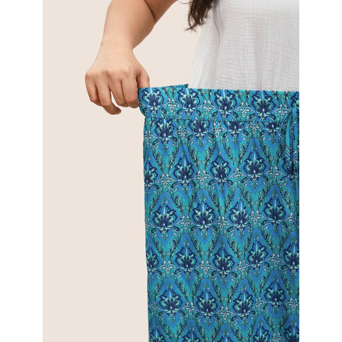 Plus Size Boho Print Elastic Waist Button Detail Skirt Women Cerulean Resort Non No stretch Slanted pocket Vacation Skirts BloomChic 18-20/2X Product Image