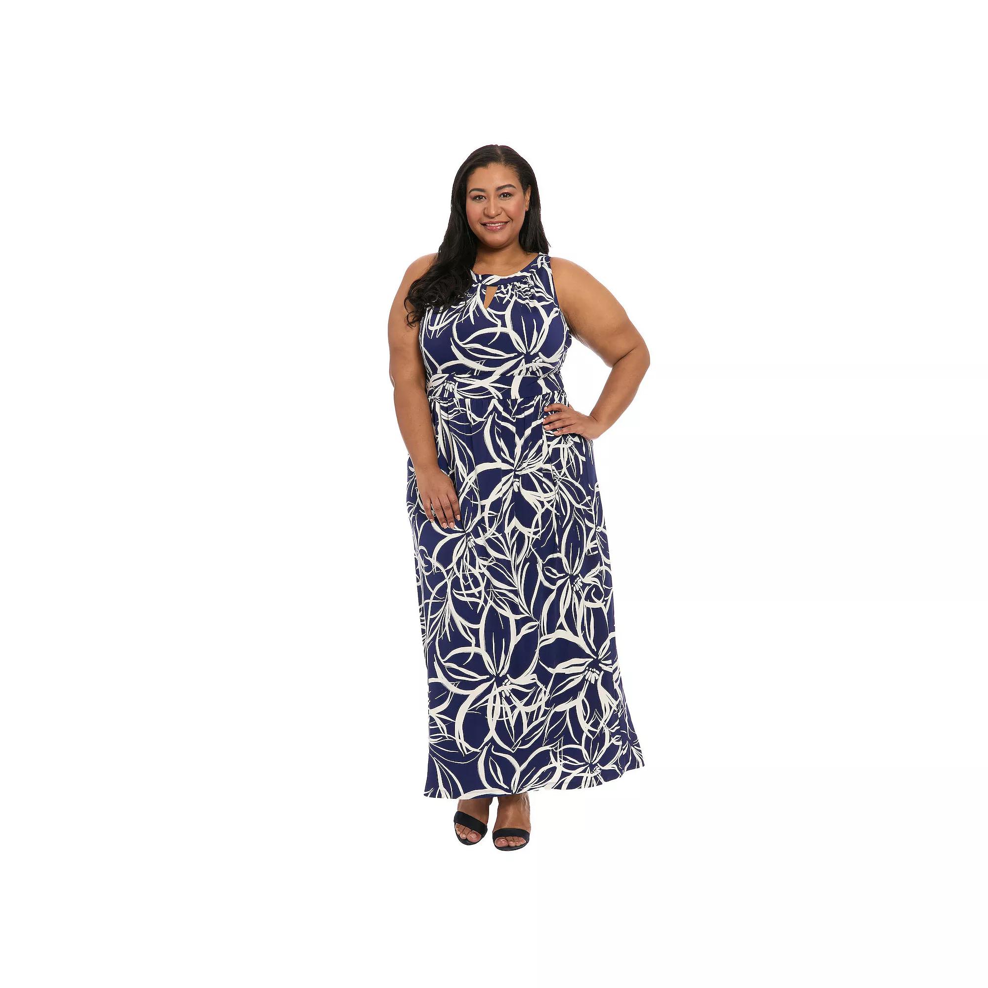 Plus Size London Times Halter Maxi Dress, Women's, Size: 14 W, Navy White Product Image