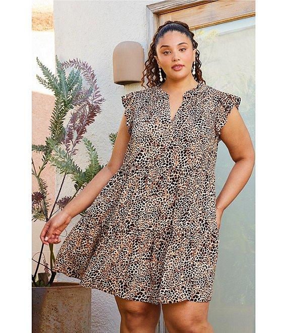 Skies Are Blue Plus Size Tiered Leopard Print Mini Shift Dress Product Image