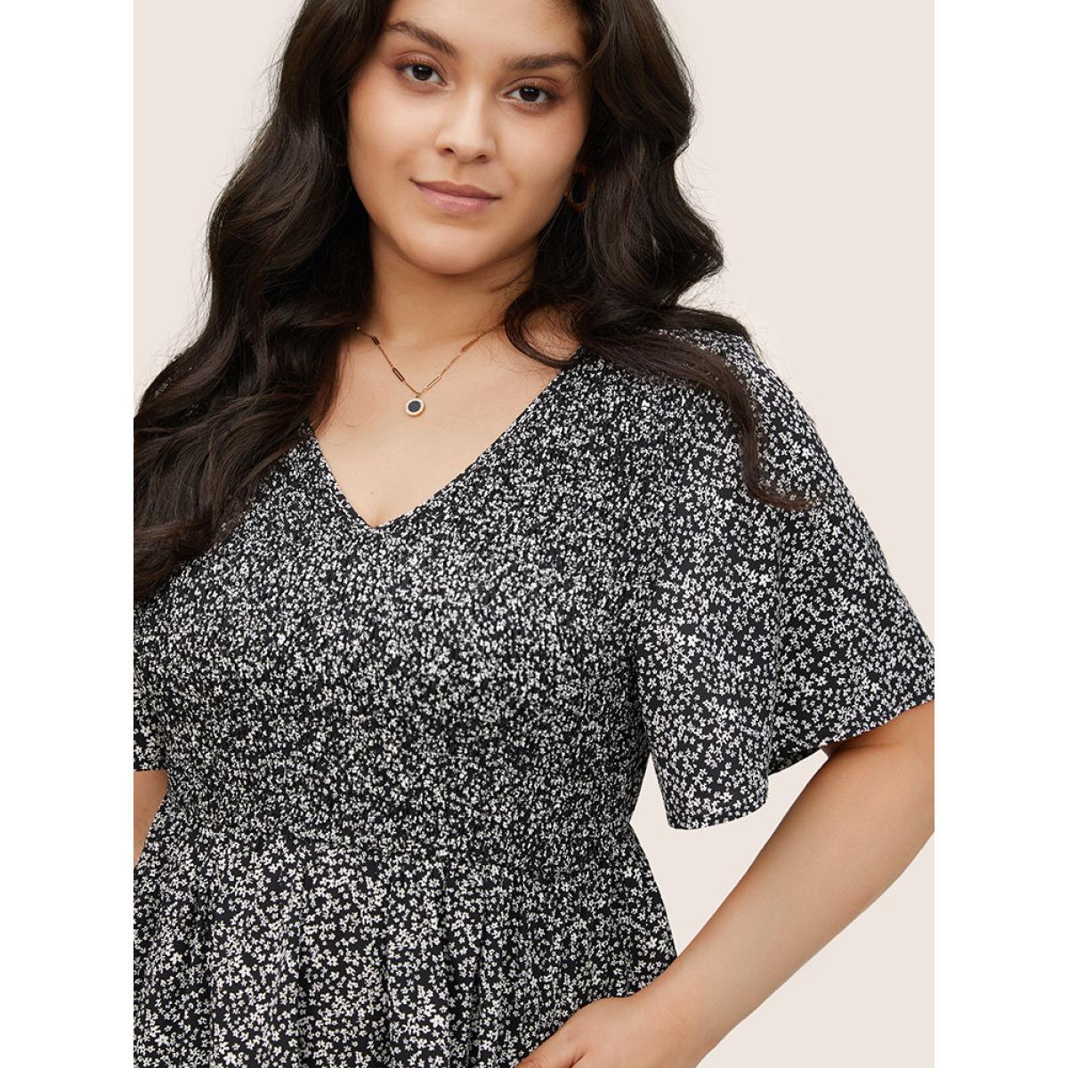 Plus Size Black Ditsy Floral Shirred Ruffle Sleeve Elastic Waist Blouse Women Timeless Short sleeve V-neck Elegant Blouses BloomChic 28/5X Product Image