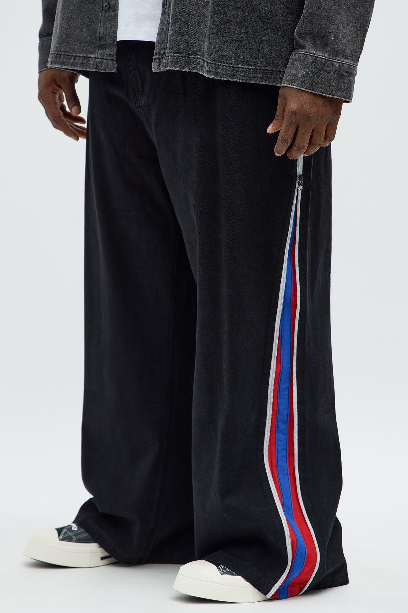 Baggy Side Stripe Zip Hit Jeans - Black Male Product Image