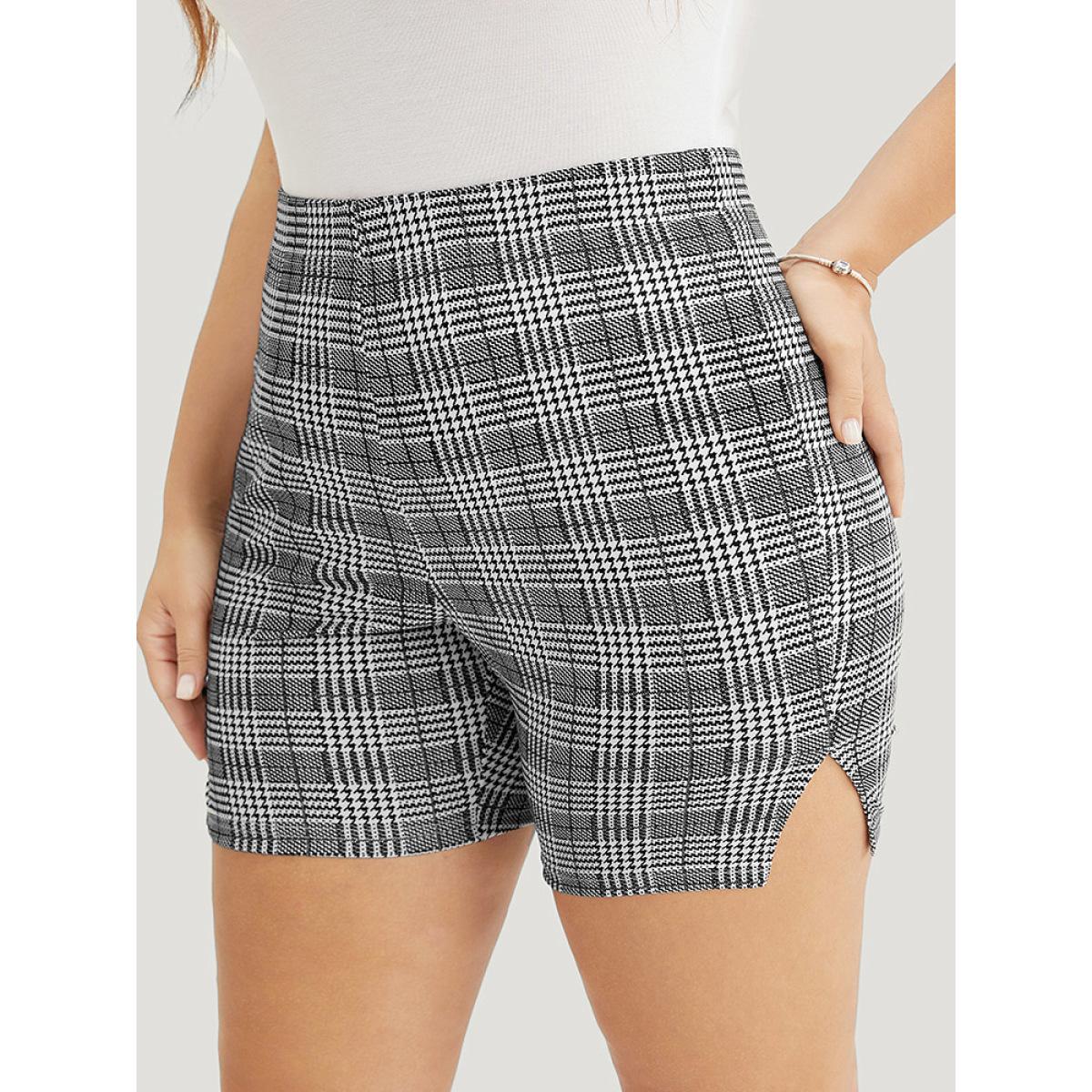 Plus Size Houndstooth & Plaid Split Hem Leggings Women Black Elegant High stretch Skinny Mid Rise Dailywear Leggings BloomChic 12/L Product Image