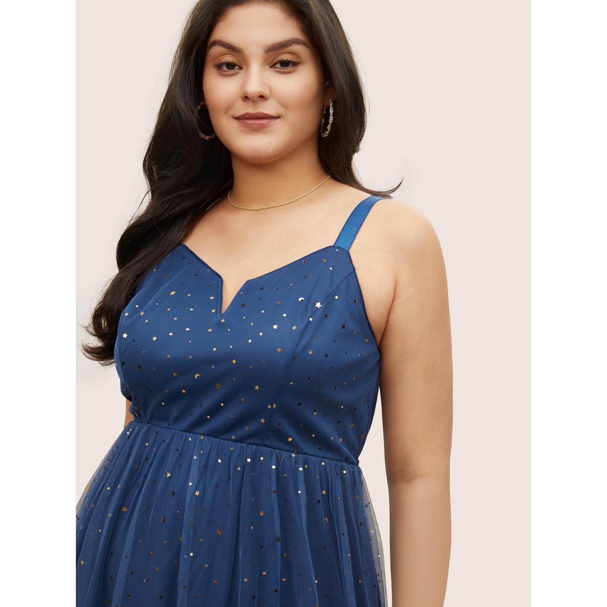 Plus Size Moon & Star Sequin Layered Hem Notched Cami Dress DarkBlue Women Cocktail Non Notched collar Sleeveless Curvy Midi Dress BloomChic 22-24/3X Product Image