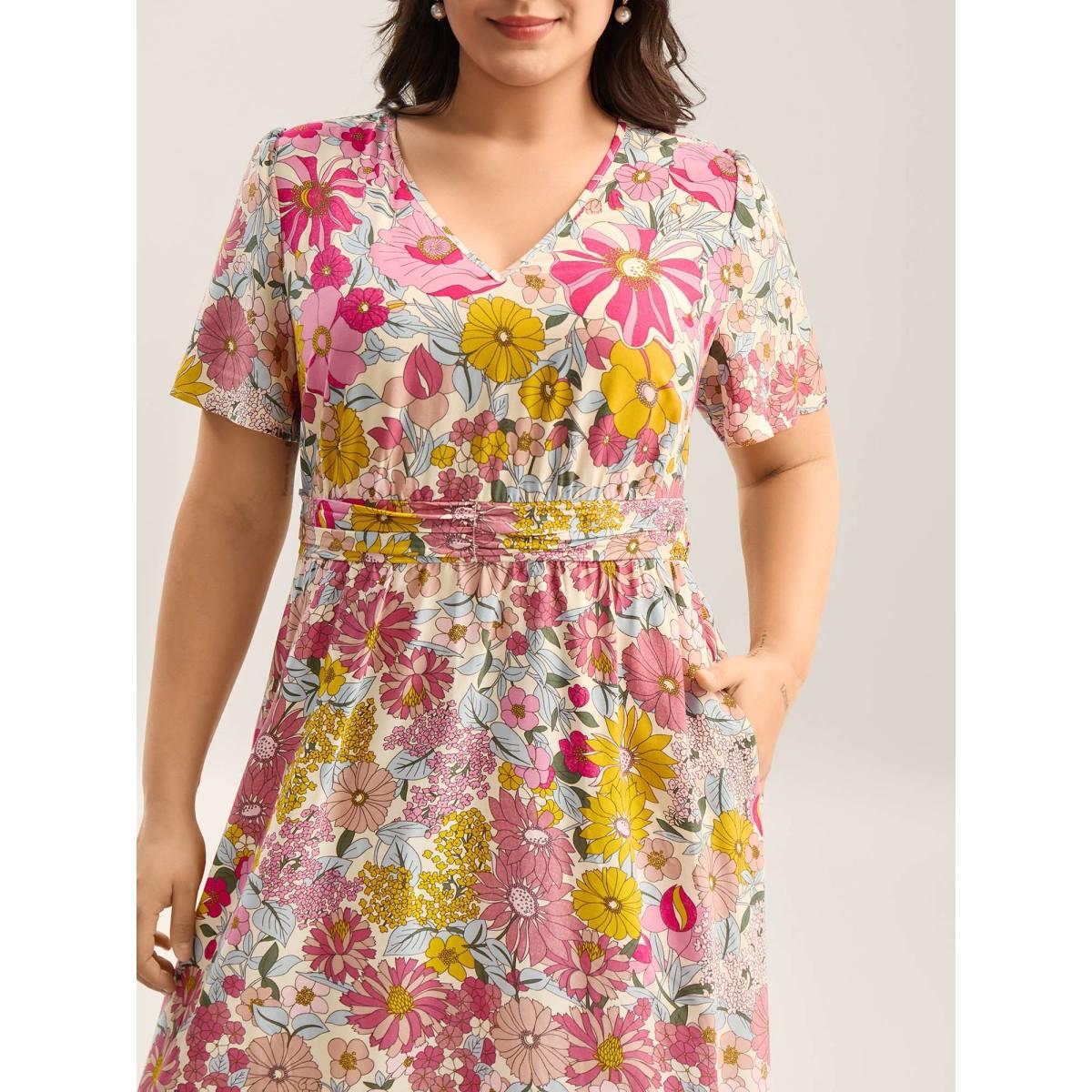 Plus Size Vibrant Floral Print Pleated Waist Midi Dress Blush Women V-neck Short sleeve Curvy BloomChic 26/4X Product Image
