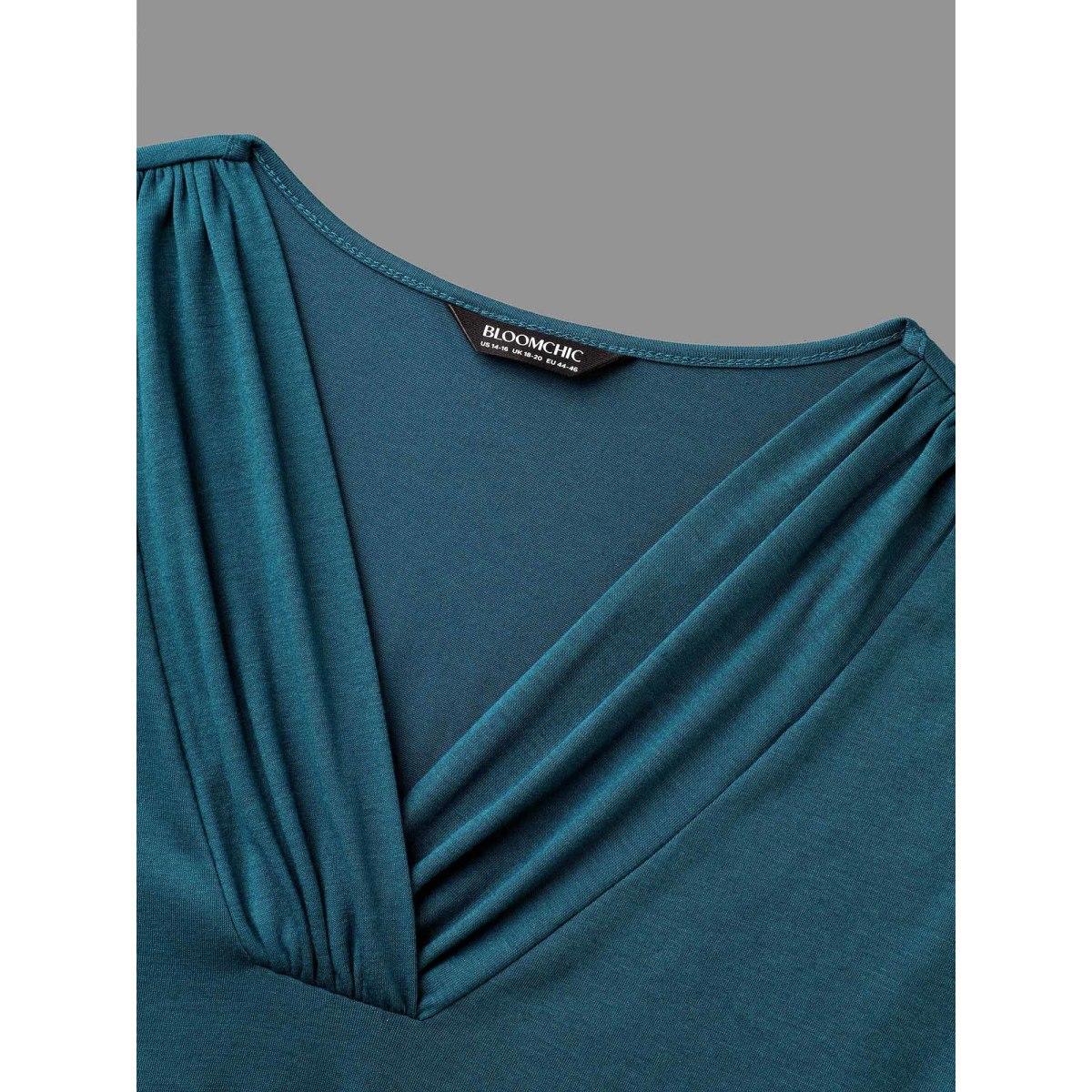 Plus Size V Neck Gathered Midi Knit Dress Aegean Women Casual Gathered Knit Dresses Bloomchic 28/5X Product Image