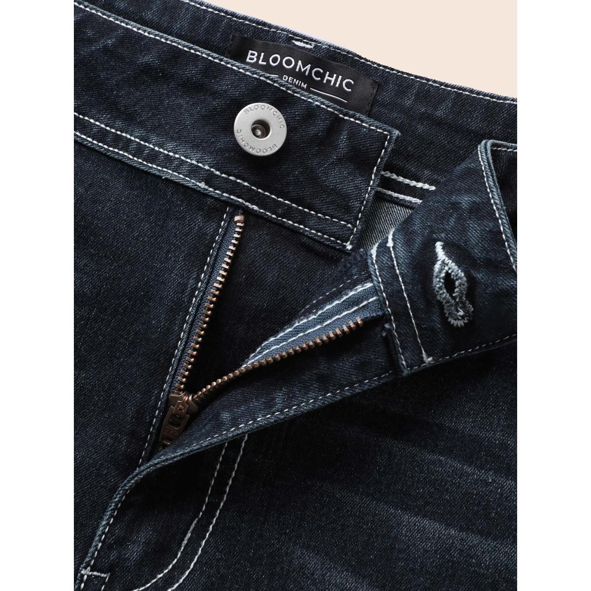 Plus Size Stretch Denim Embroided Pockets Flare Jeans Women Darkindigo Casual Embroidered Medium stretch Slanted pocket Jeans BloomChic 12/L Product Image