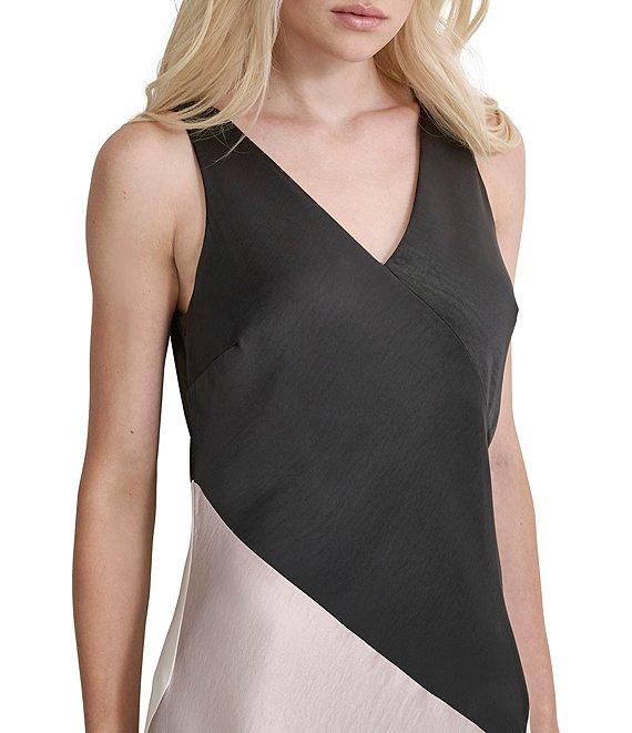 DKNY by Donna Karan Woven Color Block V-Neck Sleeveless Chemise Midi Dress Product Image
