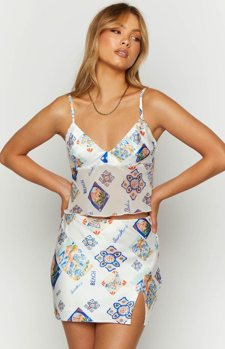 Miranda White Satin Italia Print Mini Skirt Product Image