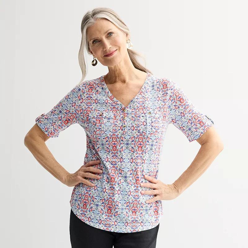 Women's Croft & Barrow® Elbow Sleeve Utility Henley Top, Size: Small, Red Ornate Tile Product Image