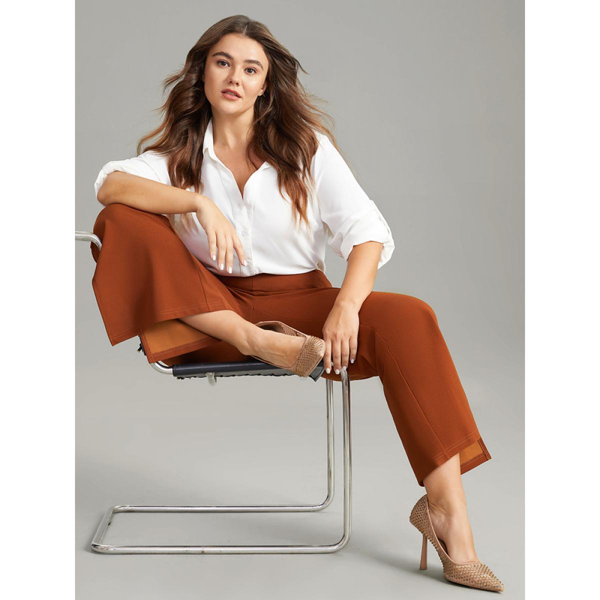 Plus Size Plain Split Side Pocket Pants Women Rust Elegant Flare Leg High Rise Dailywear Pants BloomChic 10/M Product Image