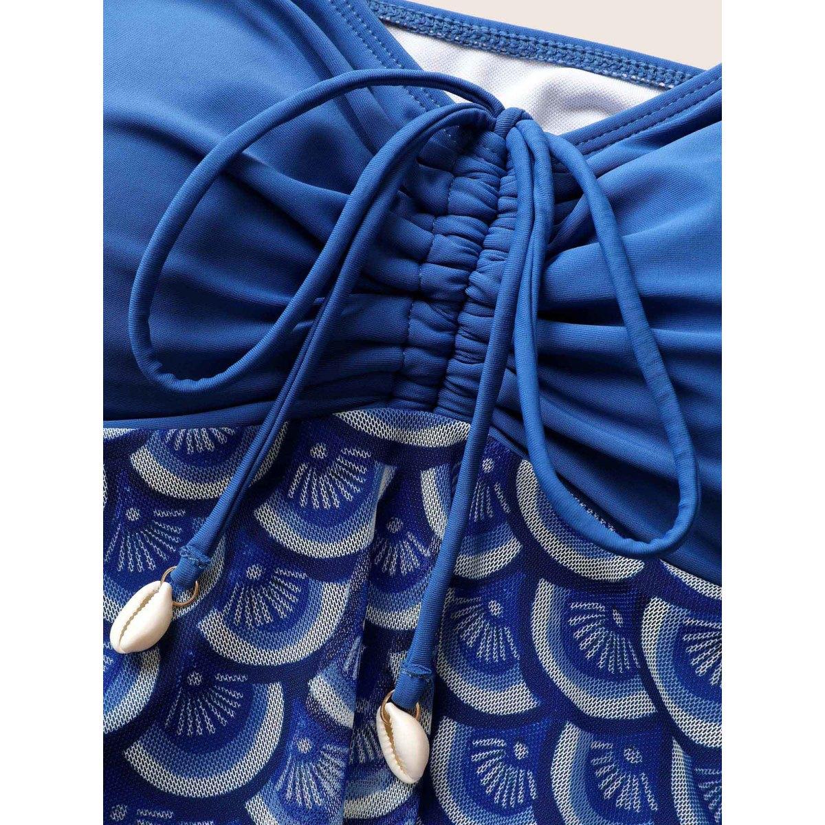 Plus Size Marine Elements Patchwork Drawstring Mesh Swim Dress Women's Swimwear Mediumblue Beach Bodycon Heart neckline High stretch Curve Swim Dresses BloomChic 10/M Product Image