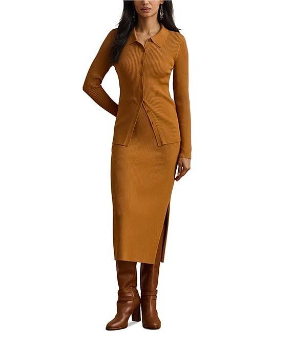 Lauren Ralph Lauren Rib-Knit Pull-On Side Slit Midi Coordinating Pencil Skirt Product Image