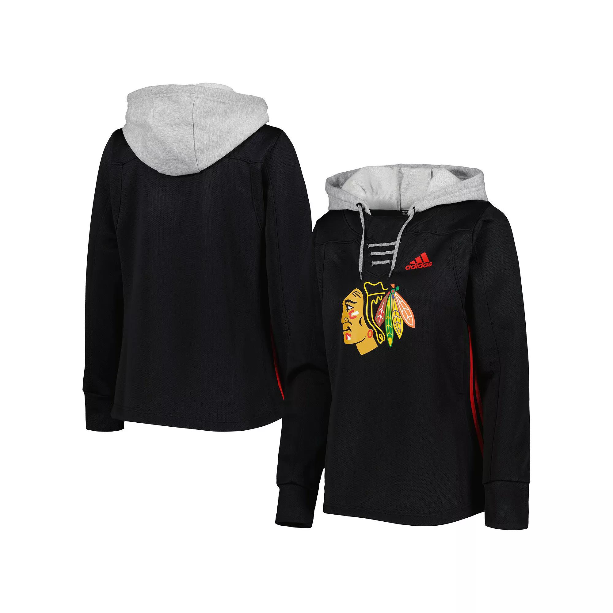 Women's adidas Black Chicago Blackhawks Skate Lace Primeblue Team Pullover Hoodie, Size: Small Product Image