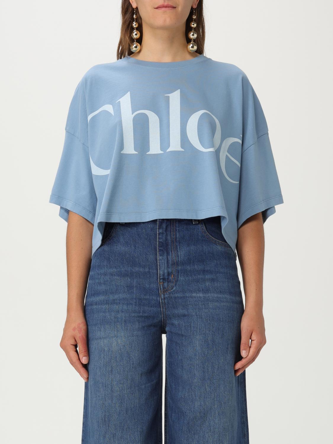 CHLOÉ Women Light Blue Jersey Cropped Logo T-shirt Product Image