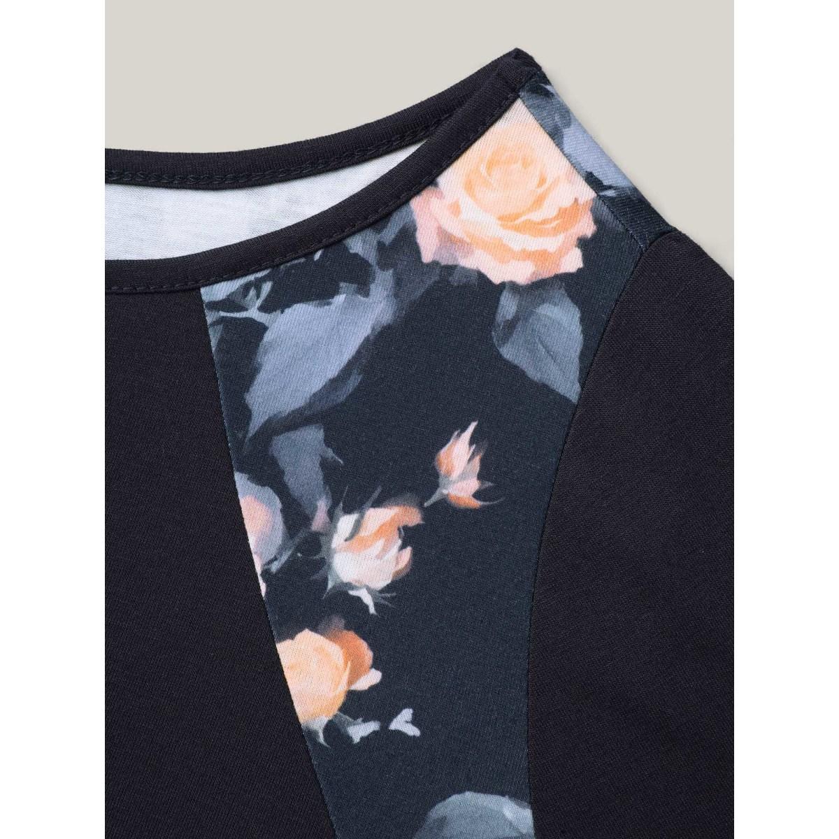 Plus Size Round Neck Floral Print Patchwork Half Sleeve T-Shirt Midnight Women Elegant Contrast Natural Flowers Boat Neck Loose Everyday T-shirts BloomChic 22-24/3X Product Image