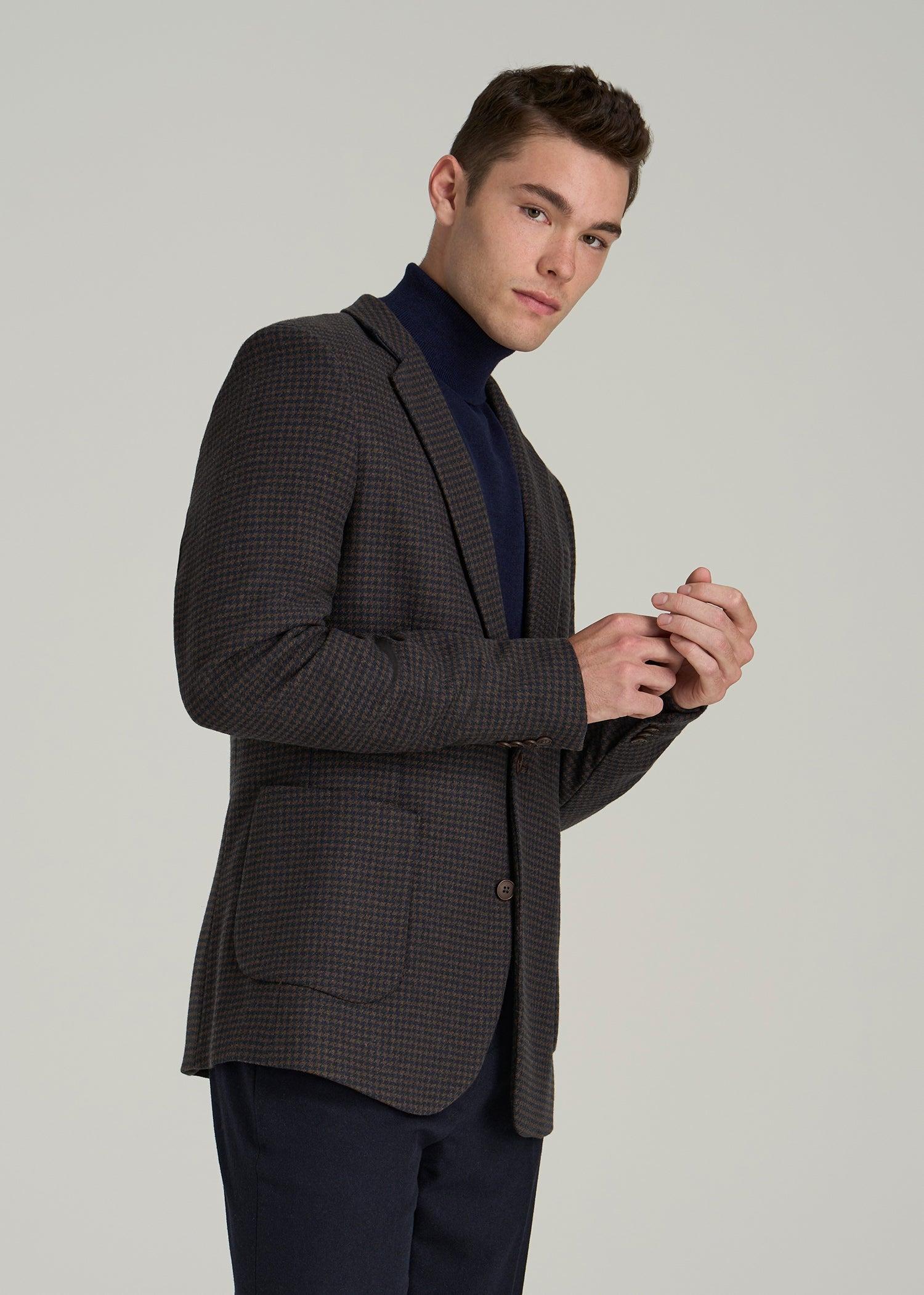 Wool Blend Blazer for Tall Men in Indigo and Brown Houndstooth Male Product Image
