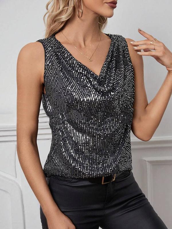 Loose Sleeveless Sequined Shiny Solid Color Split-Joint V-Neck Vest Top Product Image