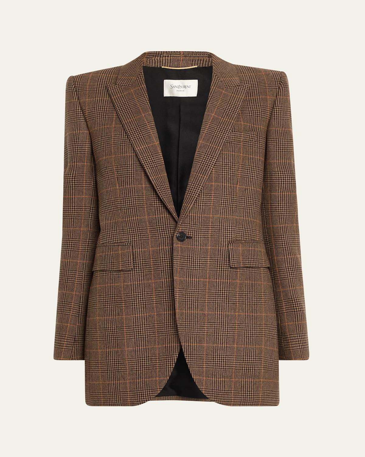 SAINT LAURENT Single-breasted Slim Houndstooth Plaid Blazer In Brown Product Image