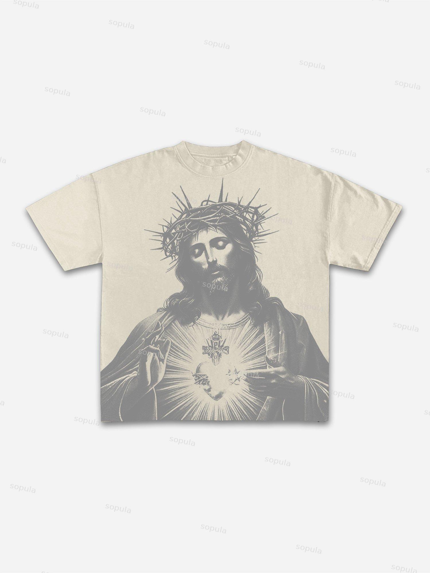 Vintage Jesus Print Round Neck Cotton T-Shirt Product Image