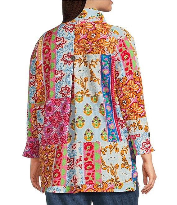Calessa Plus Size Printed Ruffled Stand Collar Long Sleeve Button Front Tunic Product Image