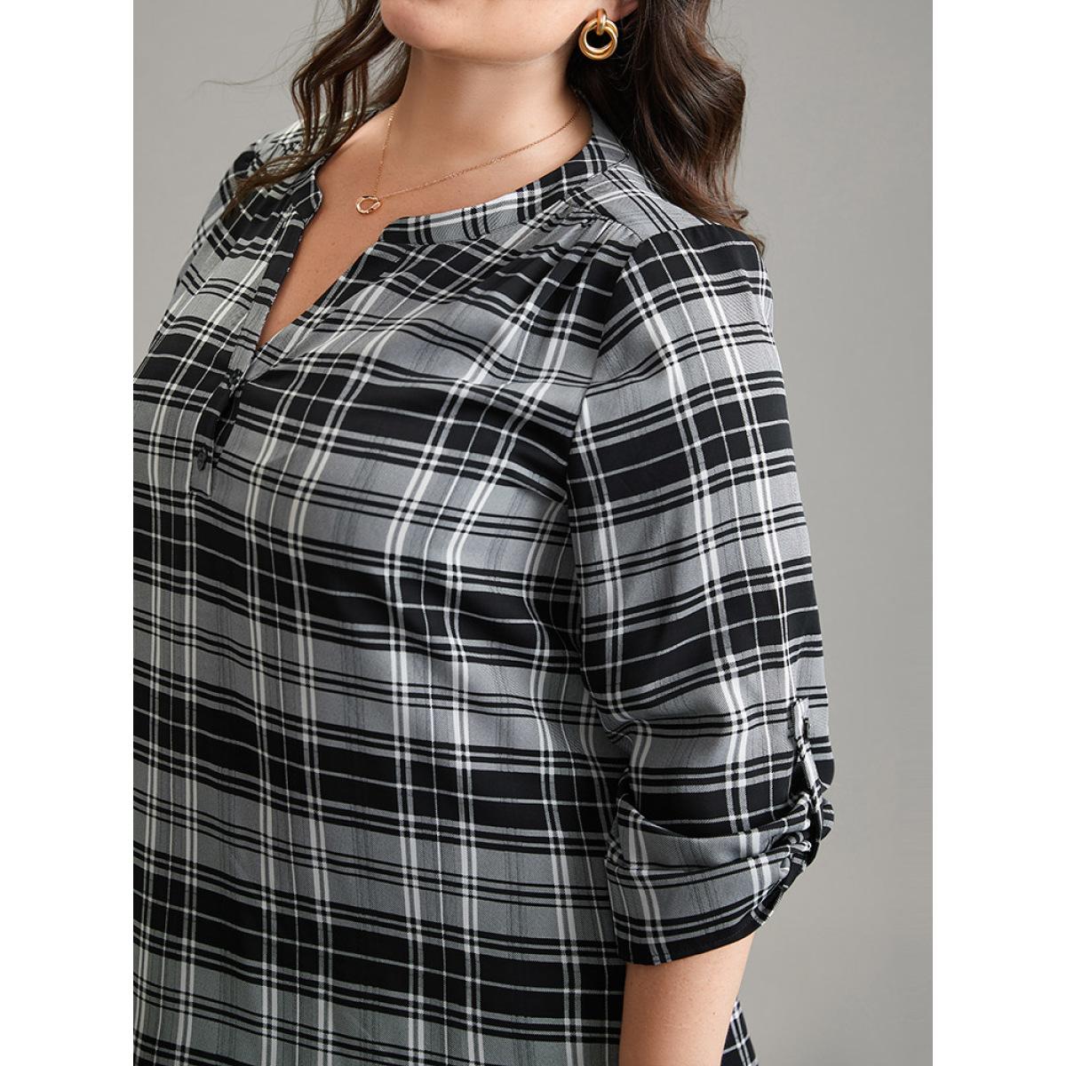 Plus Size Black Plaid Notched Button Up Tab Sleeve Blouse Women Office Elbow-length sleeve Notched collar Work Blouses BloomChic 18-20/2X Product Image