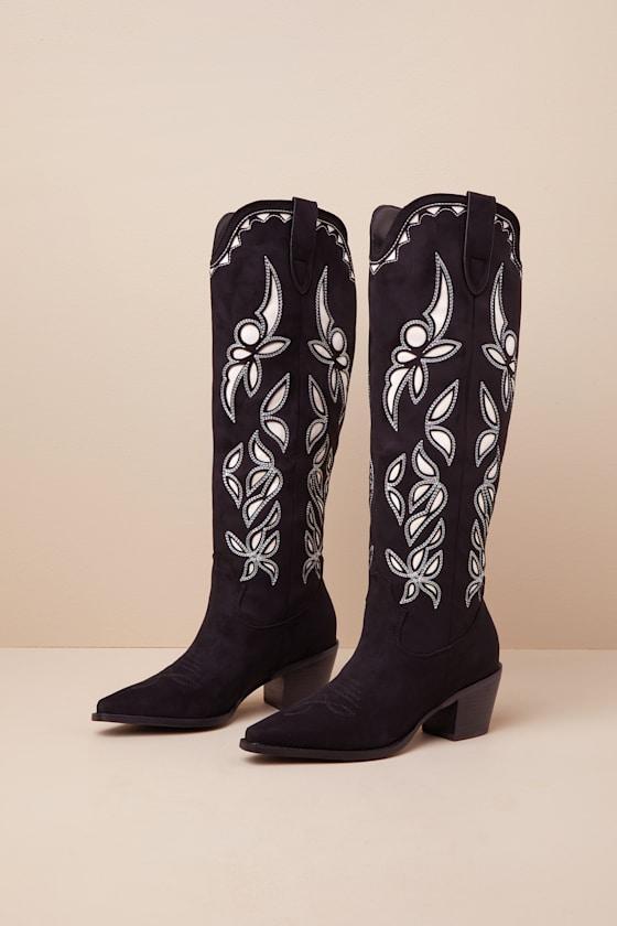 Della Black Suede Knee-High Western Boots Product Image