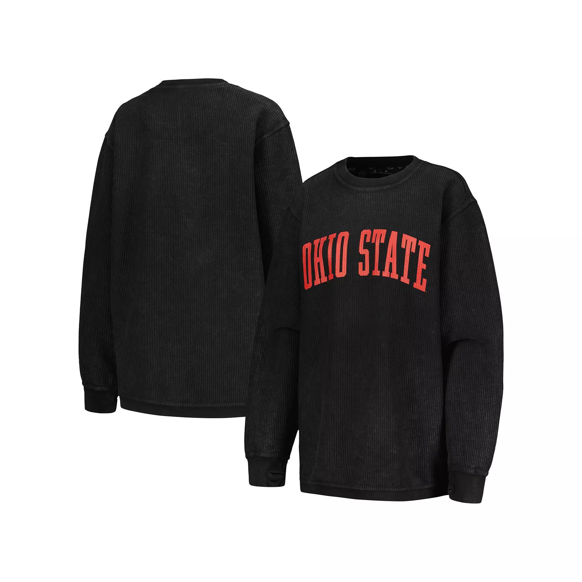 Women's Pressbox Black Ohio State Buckeyes Comfy Corded Vintage Wash Basic Arch Pullover Sweatshirt,  Product Image
