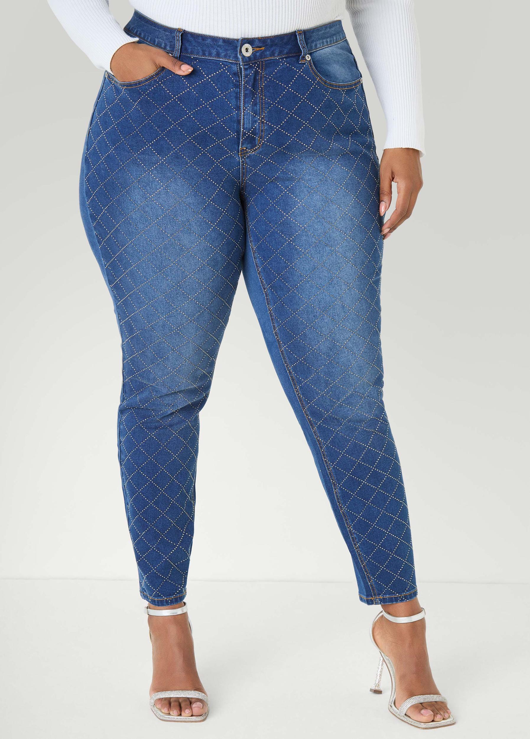 Studded Checked Skinny Jeans Product Image