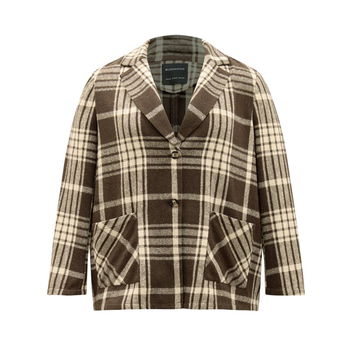 Plus Size Plaid Patched Pocket Button Through Coat Women DarkBrown Casual Contrast Ladies Dailywear Winter Coats BloomChic 28/5X Product Image
