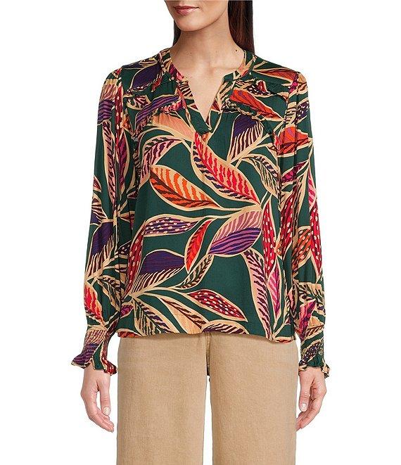Democracy Woven Leaf Print Double Ruffle Yoke Notch V-Neck Long Sleeve Top Product Image
