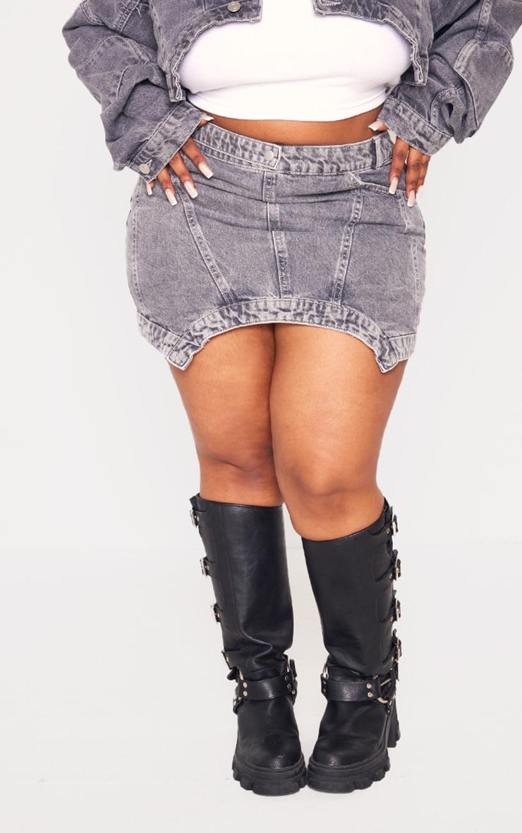 Plus Grey Washed Curved Hem Denim Mini Skirt Product Image