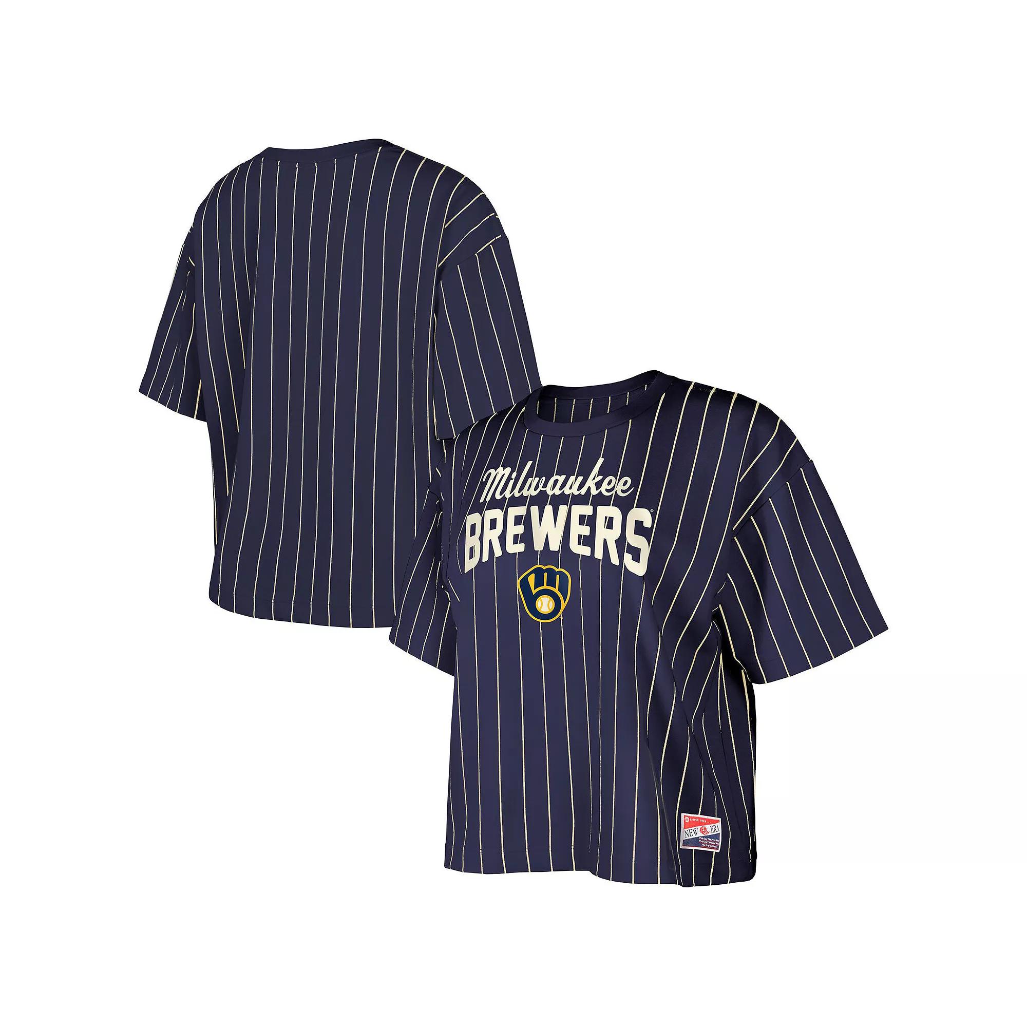 Women's New Era Navy Cleveland Guardians Cooperstown Collection Multiplier Pinstripe Cropped T-Shirt, Size: Large, Grd Blue Product Image