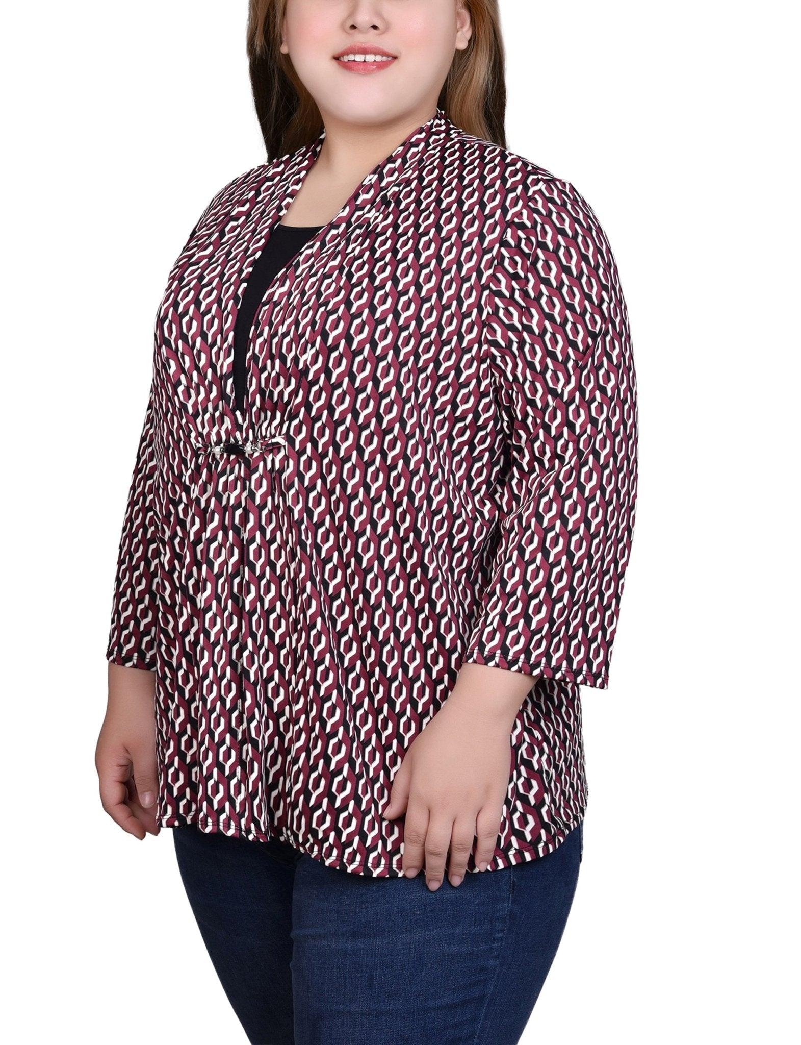 Maroon Black Geo 3/4 Sleeve Blouse With Necklace - Petite Product Image