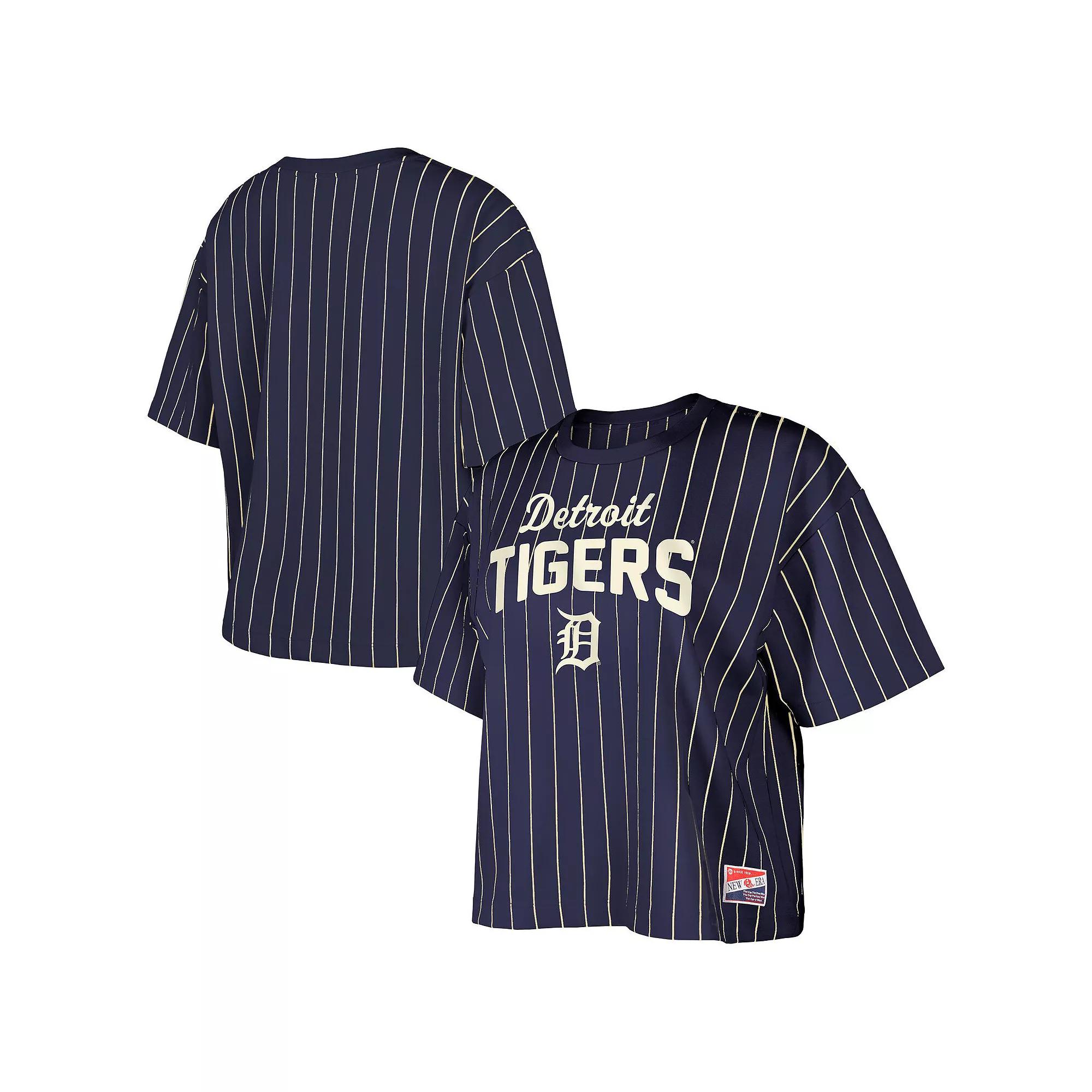 Women's New Era Navy Detroit Tigers Cooperstown Collection Multiplier Pinstripe Cropped T-Shirt, Size: Large, Blue Product Image