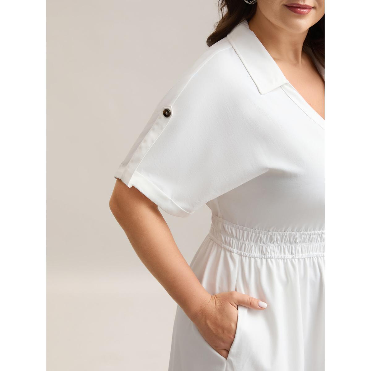 Plus Size Woven Shirred Waist Solid Collar Midi Dress Originalwhite Women Shirt collar Short sleeve Curvy BloomChic 18-20/2X Product Image