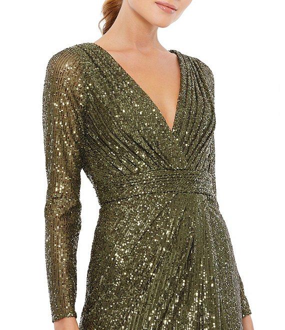 Ieena for Mac Duggal Long Sleeve Deep Surplice V-Neck Sequin Thigh High Slit Gown Product Image