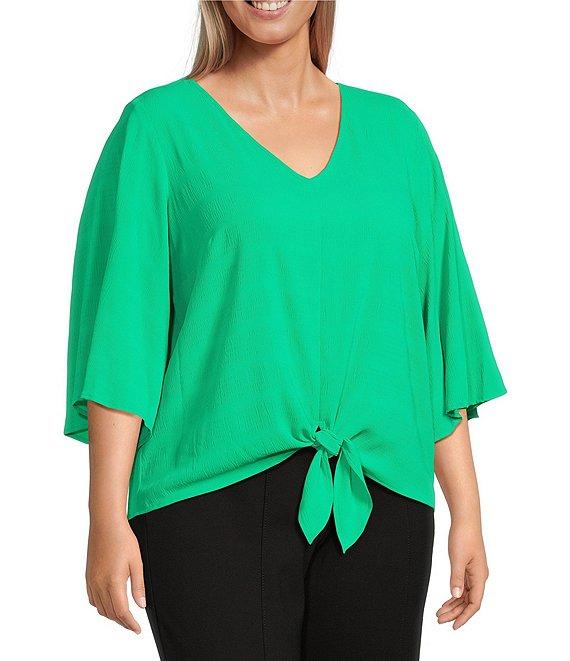 Slim Factor By Investments Plus Size Dylan Tie Front V-Neck 3/4 Sleeve Top Product Image