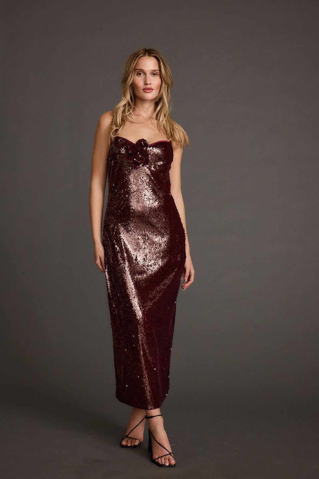 All For You Merlot Sequin Rosette Midi Dress Product Image