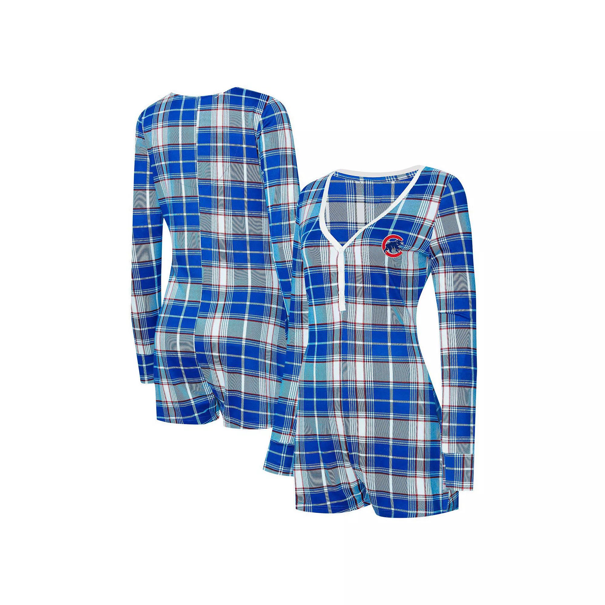 Women's Concepts Sport Royal Chicago Cubs Ashford Plaid V-Neck Knit Romper, Size: XL, Blue Product Image