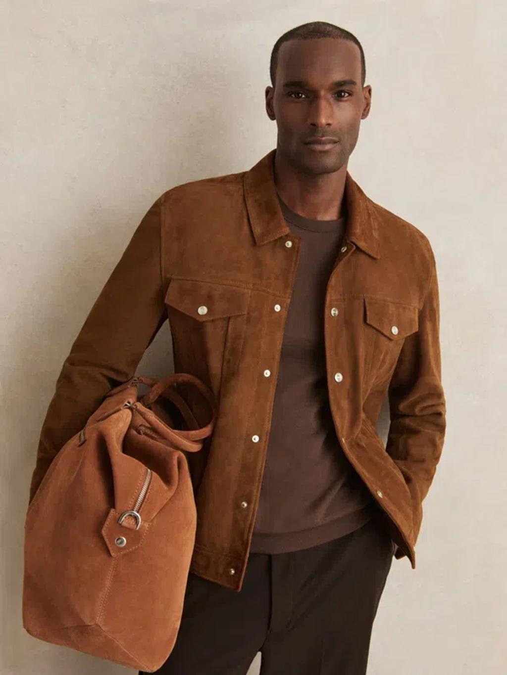 REISS Edington Suede Press Stud Trucket Jacket In Brown Product Image